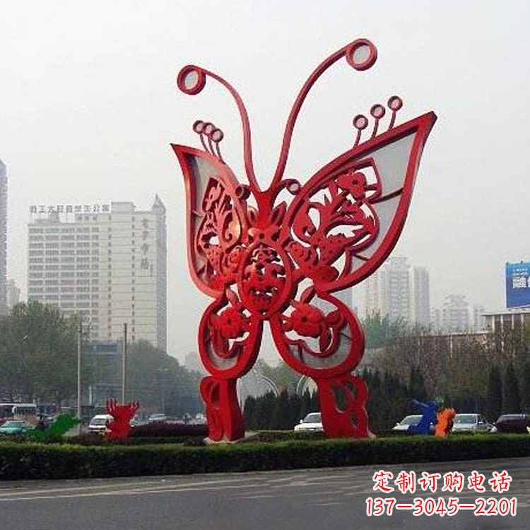 宜宾城市园林道路绿化带大型红色蝴蝶不锈钢雕塑景观