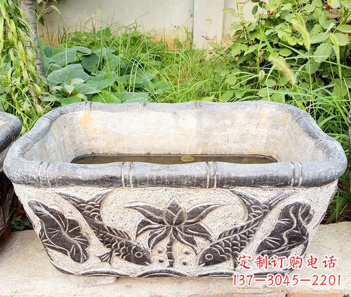 宜宾方形荷花鲤鱼石浮雕水缸