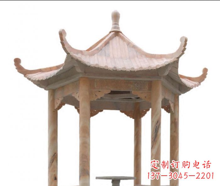 宜宾美丽而优雅的公园晚霞红六角石凉亭雕塑
