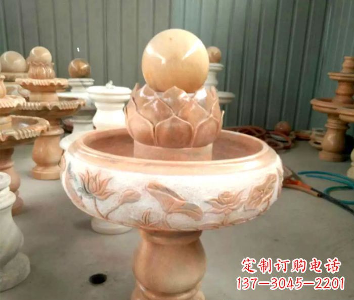 宜宾石来运转晚霞红风水球喷泉石雕