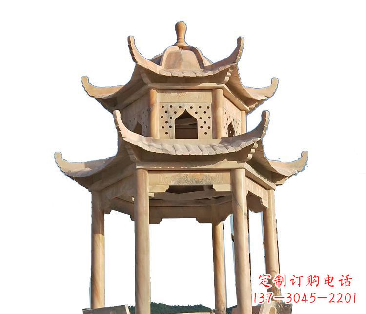 宜宾双层晚霞红凉亭石雕 (2)