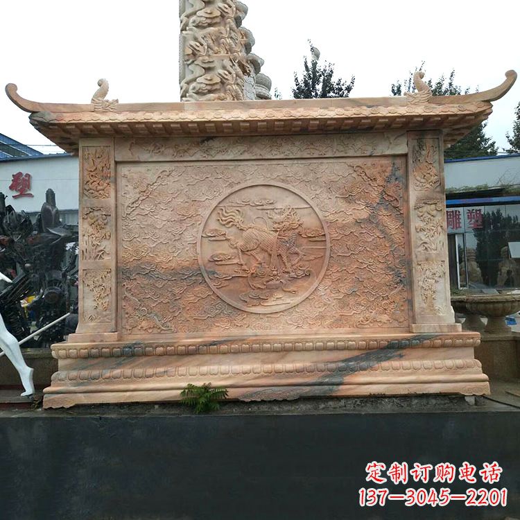 宜宾晚霞红麒麟影壁墙石雕