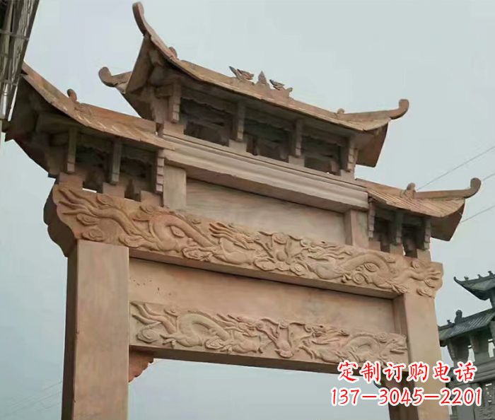 宜宾晚霞红石雕单门牌坊