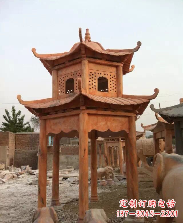 宜宾晚霞红双层凉亭石雕