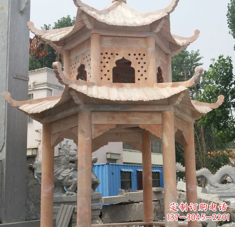 宜宾晚霞红双层六角凉亭石雕 (2)