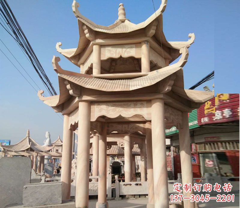宜宾晚霞红双层六角凉亭石雕 (3)