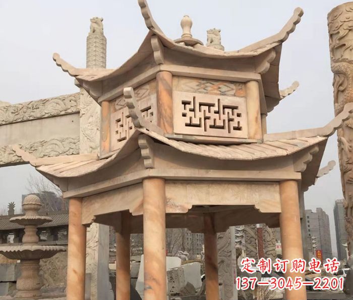 宜宾晚霞红双层石雕凉亭