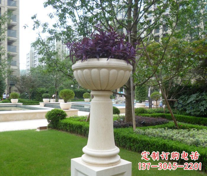 宜宾小区景观汉白玉花盆石雕 (2)