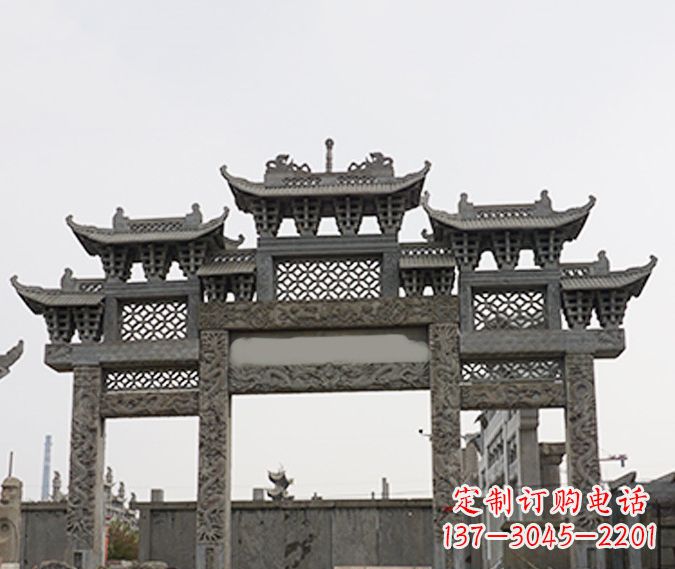宜宾园林仿古三门牌坊石雕 (4)
