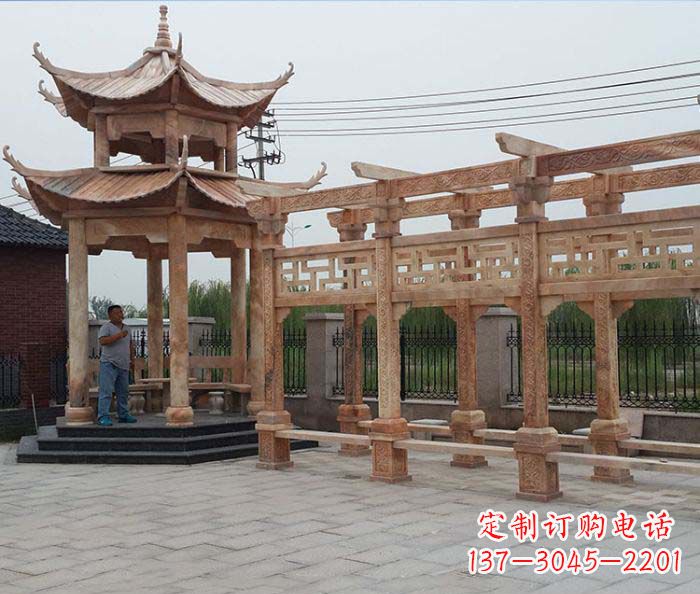 宜宾园林景观晚霞红凉亭长廊石雕