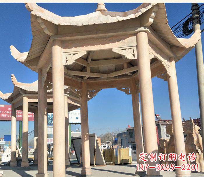 宜宾园林景观晚霞红六角石雕凉亭 (2)