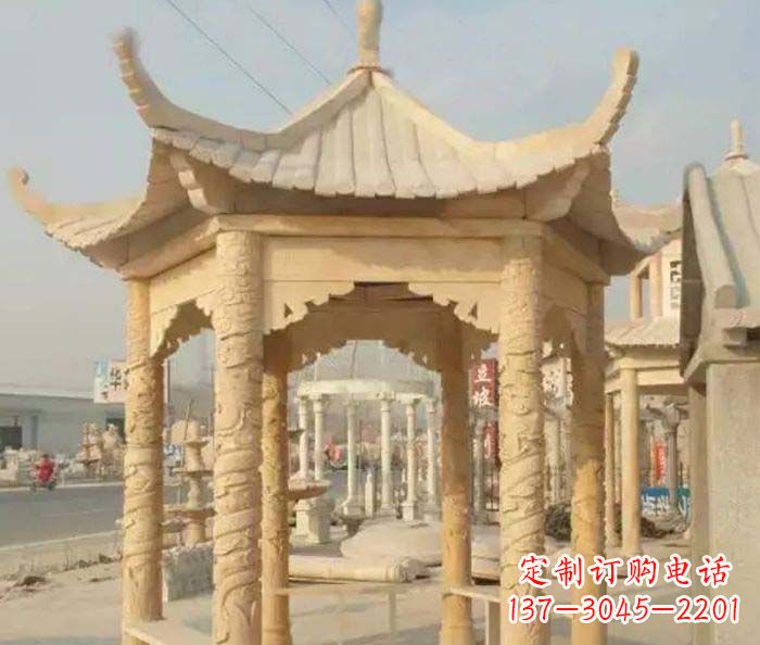 宜宾园林景观晚霞红六角石雕凉亭 (3)