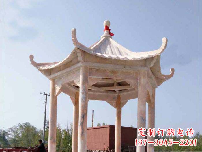 宜宾园林景观晚霞红六角石雕凉亭